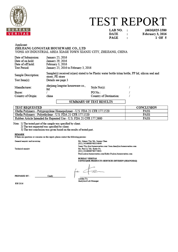BOTTLE FDA test